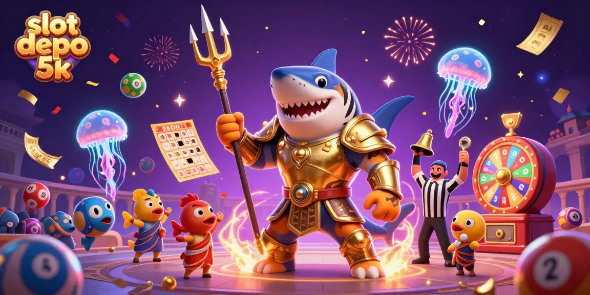 Experience exciting wins with slot depo 5k as a shark warrior battles for jackpot rewards amidst vibrant game elements.