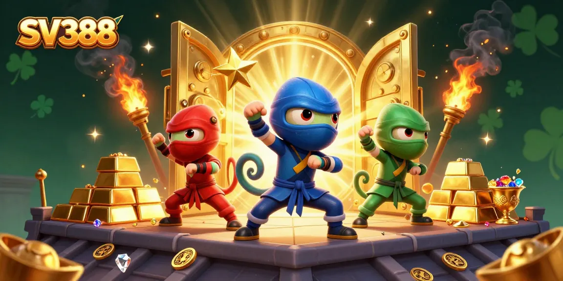 SV388 showcases a ninja chameleon team in dynamic martial arts poses, surrounded by golden treasures and vibrant effects.