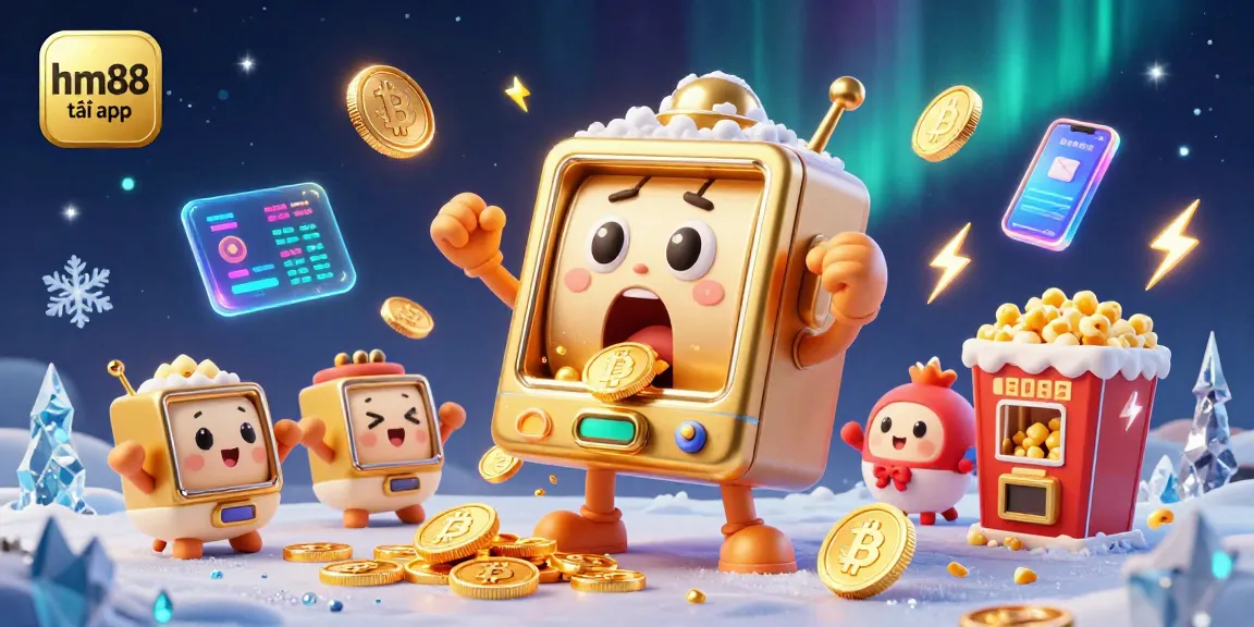 Experience fun and excitement with the hm88 tải app, featuring animated slot machines and vibrant gold coins.