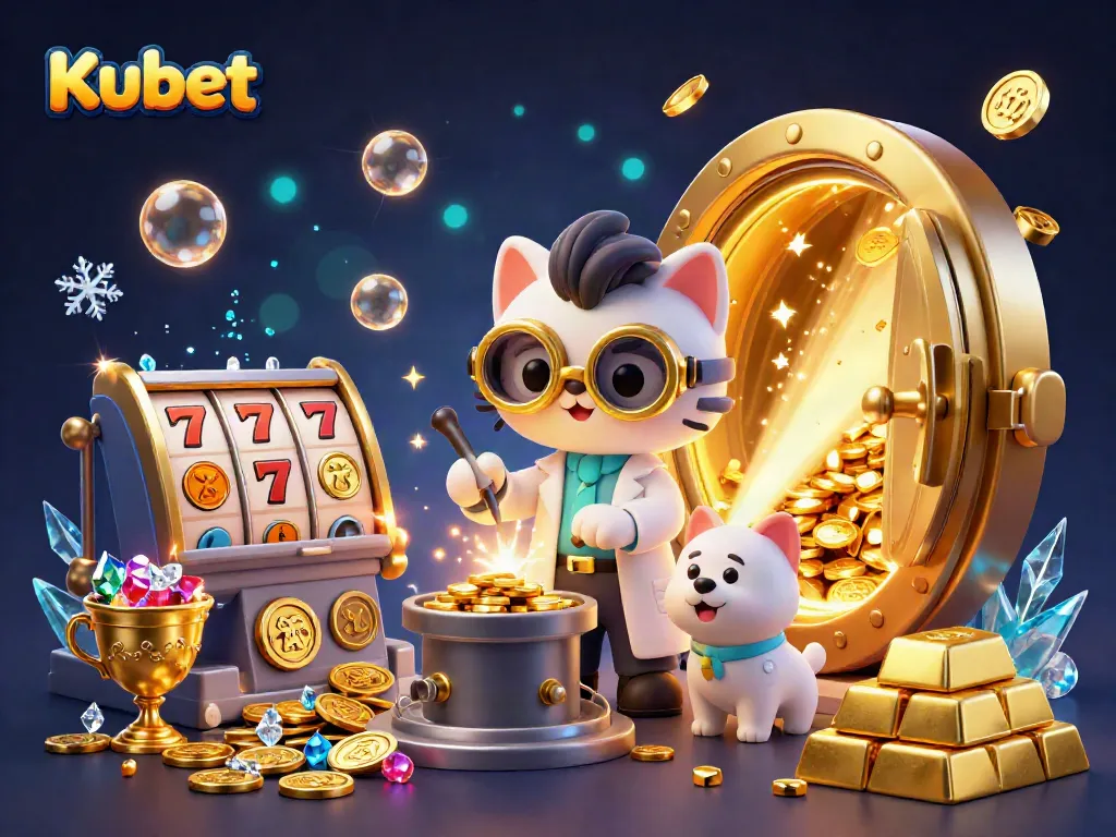 Kubet presents a vibrant 3D scene with a mad scientist cat and dog amidst slot machines and golden treasures for an engaging casino experience.