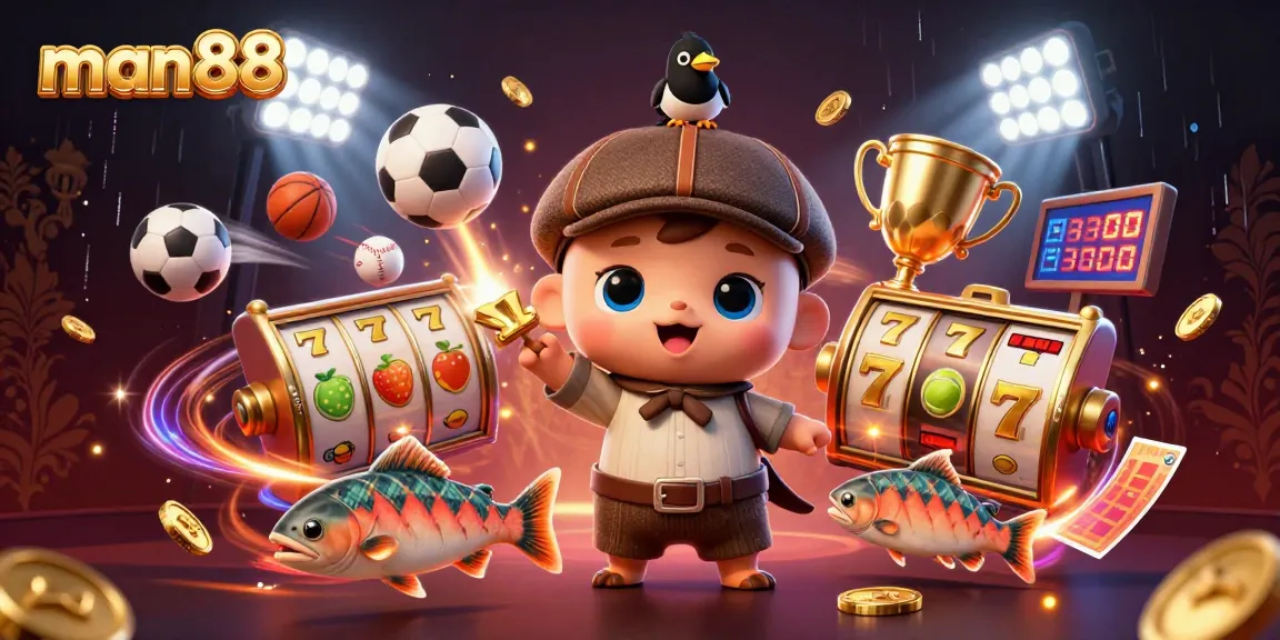 Spin jackpot reels with man88's cute Nessie and friends celebrating wins in a vibrant casino scene.