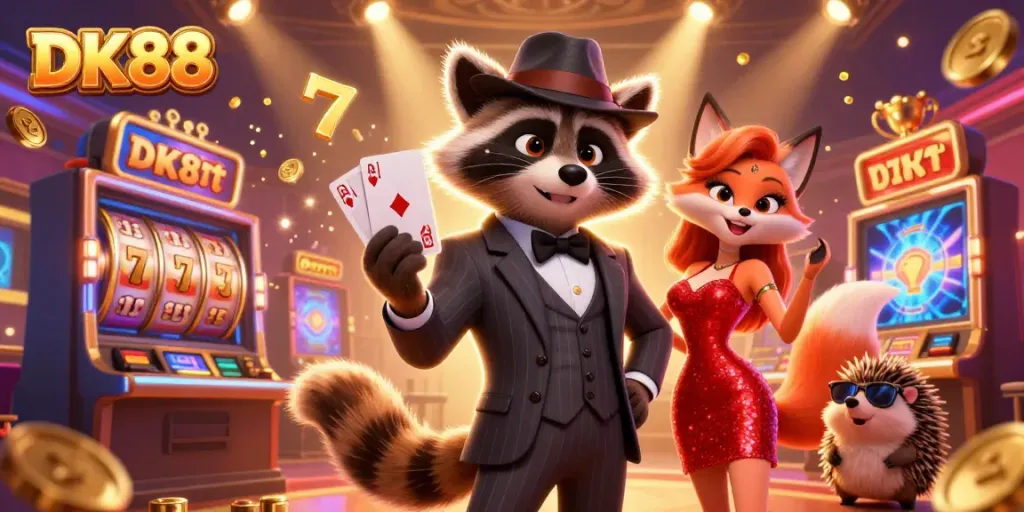Experience the excitement at DK88 casino with a raccoon in a suit, a fox in sequins, and playful slot machines.