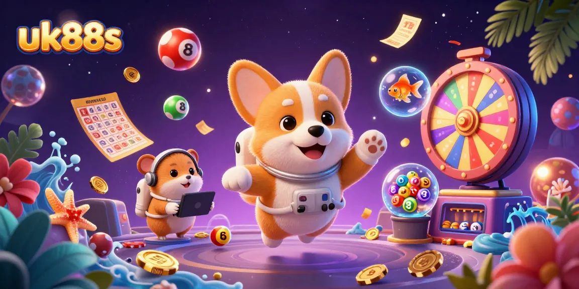 uk88s showcases a vibrant space casino scene with a floating astronaut corgi and colorful lottery elements