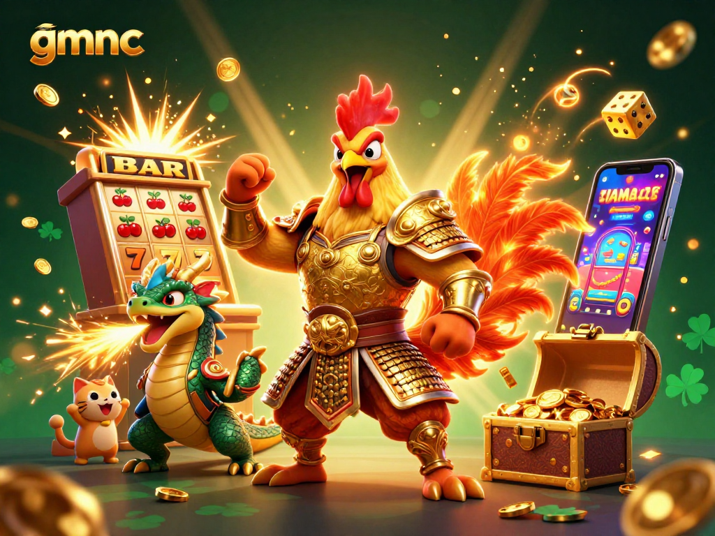 Experience thrilling gameplay with gmnc, showcasing a warrior rooster, dragon, and jackpot elements.