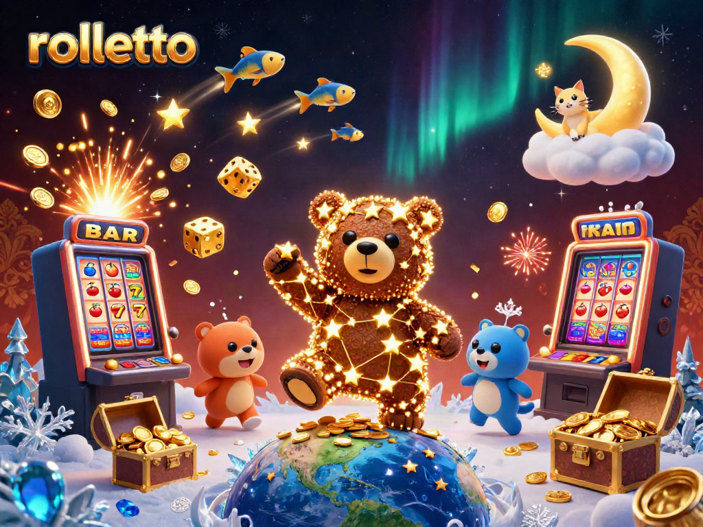 Experience winning moments with rolletto's extravagant 3D casino scene, featuring golden stars and jackpot thrills.