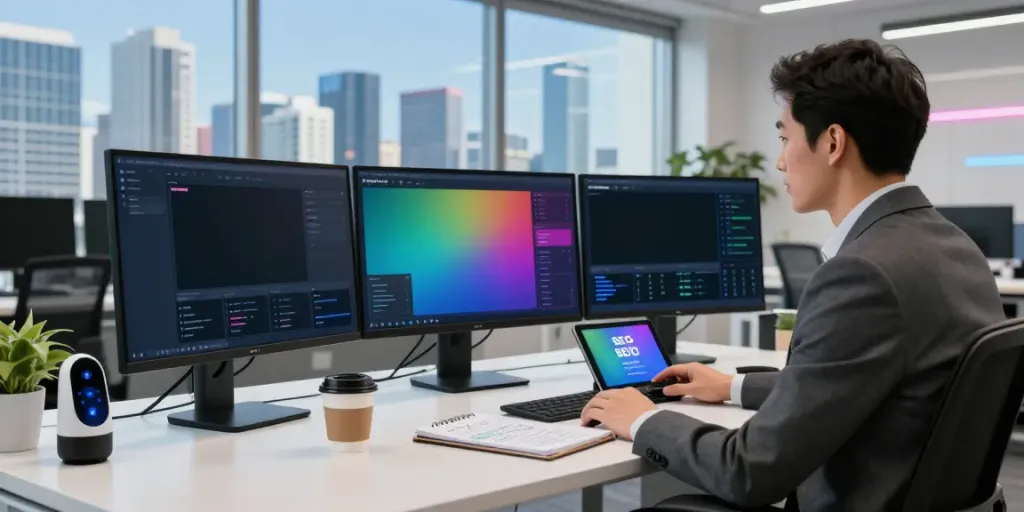 Digital marketer utilizing instant indexing tools in a modern office
