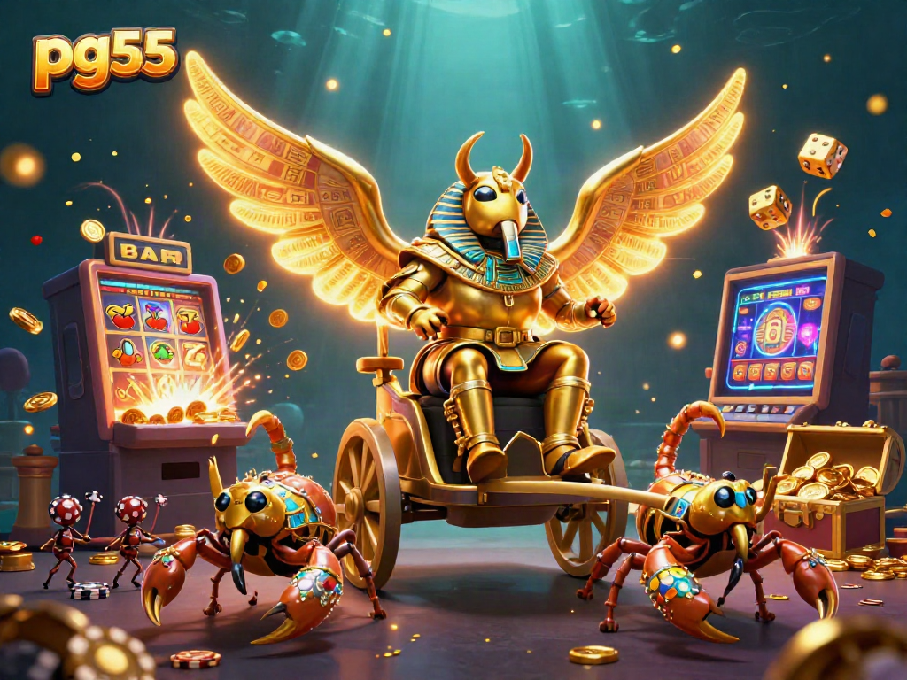 Engage with pg55's vibrant casino experience featuring a golden beetle, scorpions, and dynamic gaming elements.