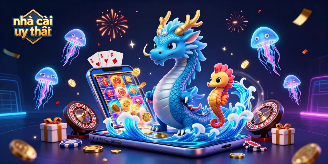 Engage with nhà cái uy tín in a vibrant casino scene with a dragon, knight, and jellyfish.