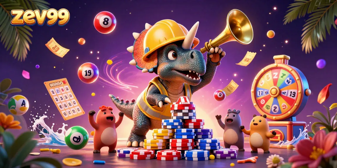 Engage with zev99 as triceratops builds poker chip pyramid amid vibrant casino elements.