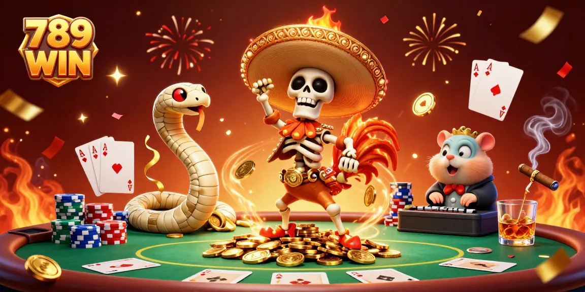 Experience the excitement of 789 WIN with lively casino characters celebrating over poker chips.
