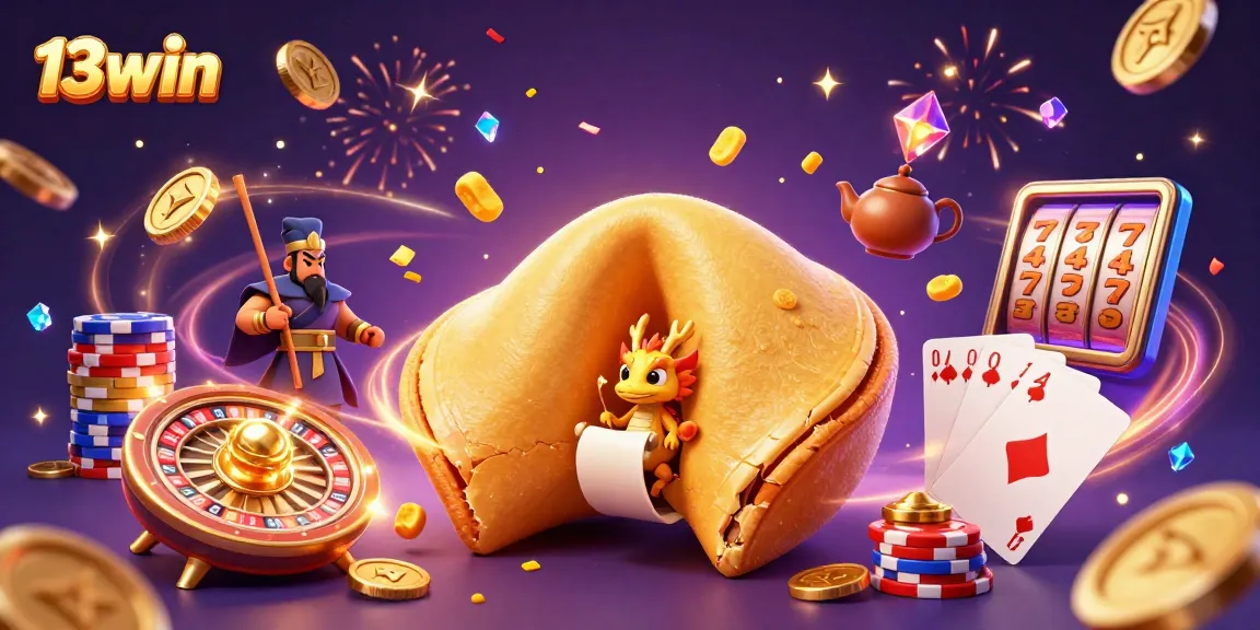 Experience a vibrant scene with 13win, revealing a golden fortune cookie and casino elements.