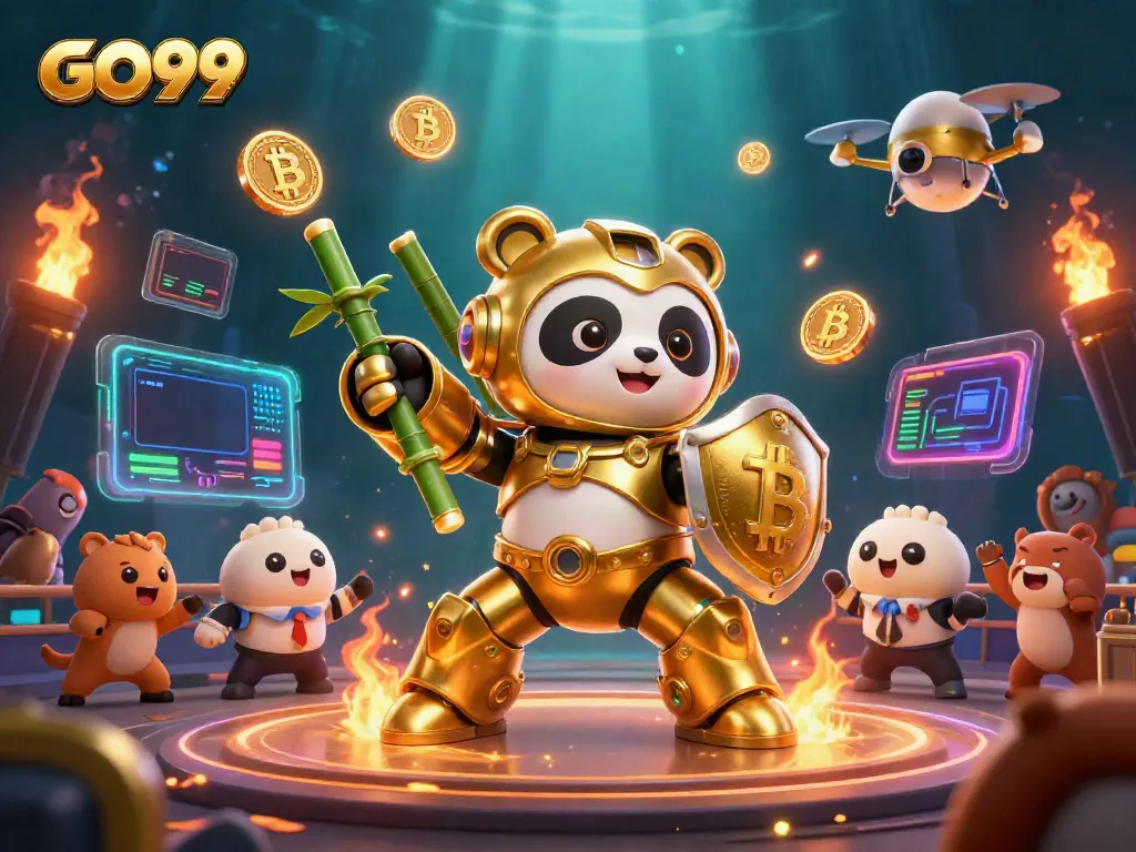 Experience the thrilling atmosphere of GO99 with dynamic 3D illustrations of gaming excitement and crypto elements.