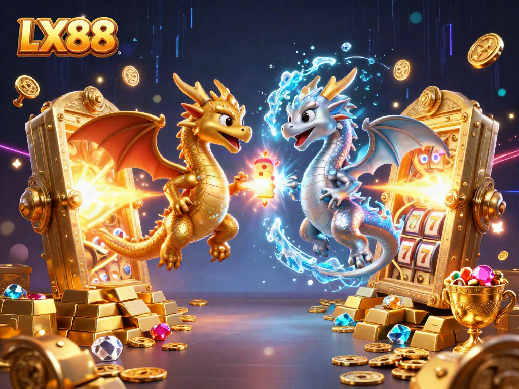 Engage in the thrilling world of LX88 with dragons amidst casino treasures and slot elements