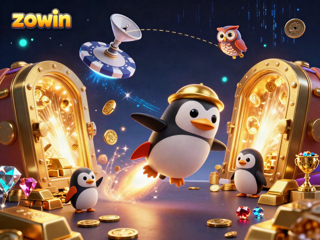 Engage in thrilling gameplay at ZOWIN, where a golden penguin navigates a dazzling casino space!