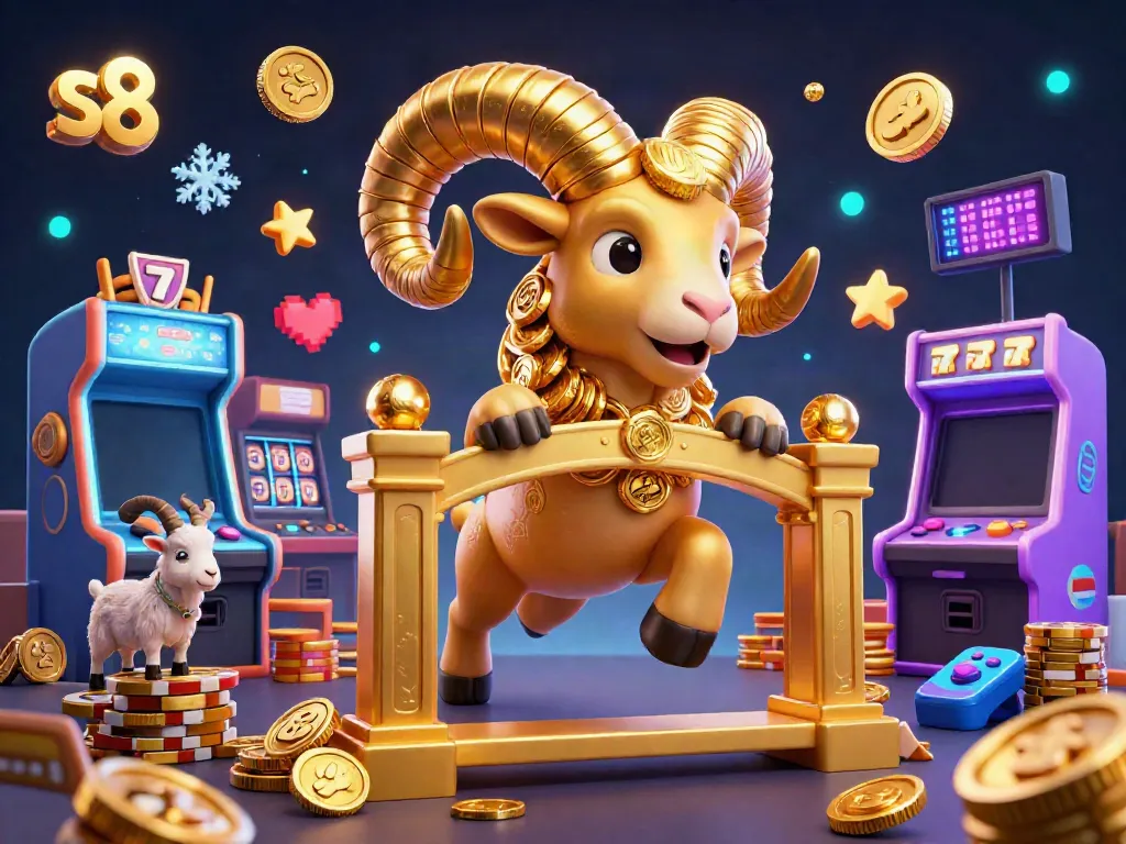 Engage with the vibrant S8 gaming scene featuring a golden ram and lively casino elements.