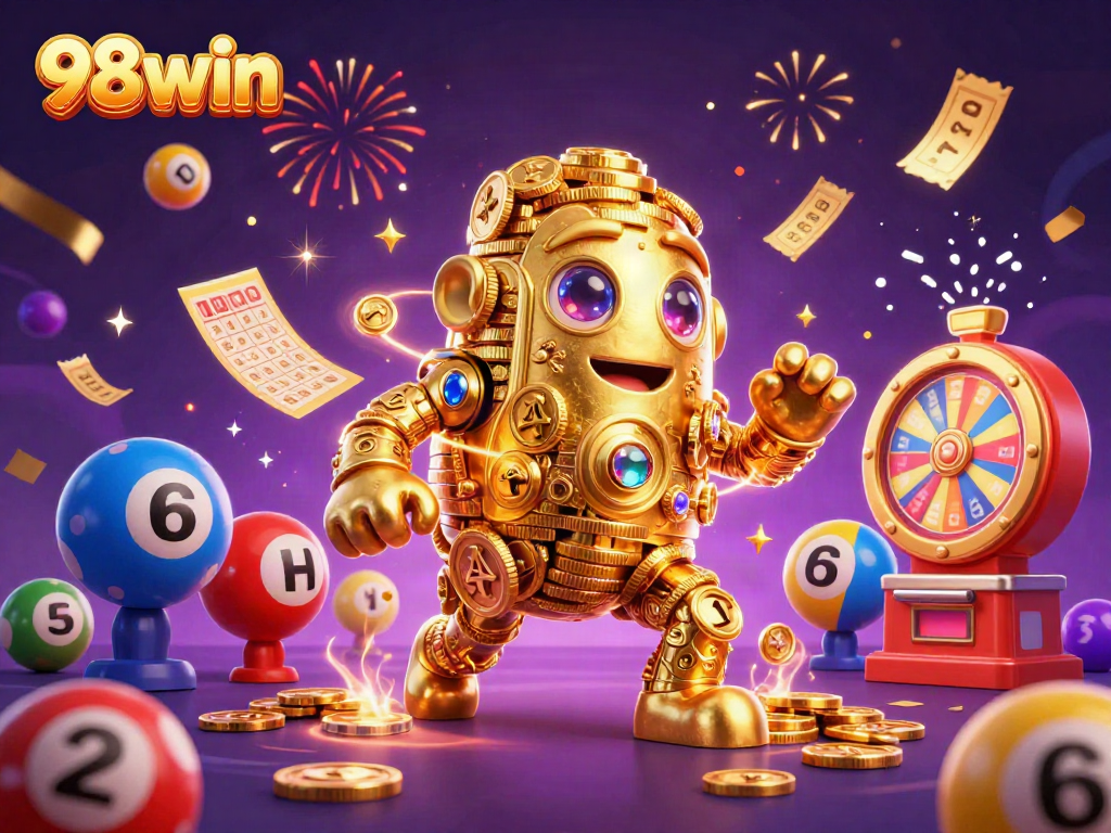 Engage with the vibrant world of 98win, where a golden golem represents jackpot excitement amidst colorful gambling elements.