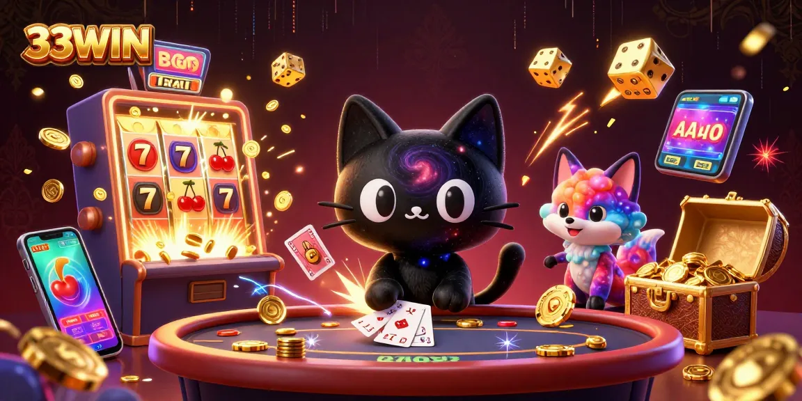 Engage with 33WIN's captivating casino adventure featuring a cosmic cat and colorful nebula fox.