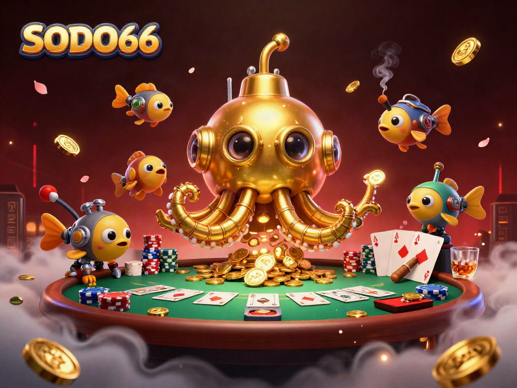 SODO66 showcases a vibrantly illustrated scene with a golden kraken submarine amidst a sea of coins and poker elements.