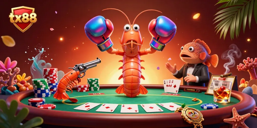 Experience thrilling moments with tx88, where a cartoon mantis shrimp, poker chips, and vibrant game elements come together.