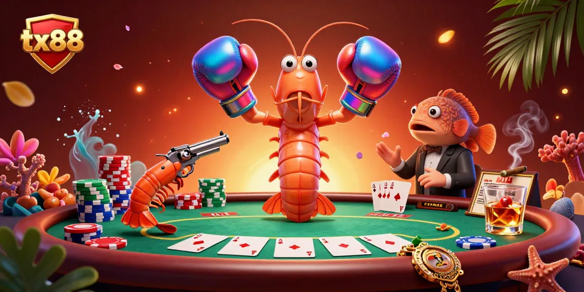Experience thrilling moments with tx88, where a cartoon mantis shrimp, poker chips, and vibrant game elements come together.