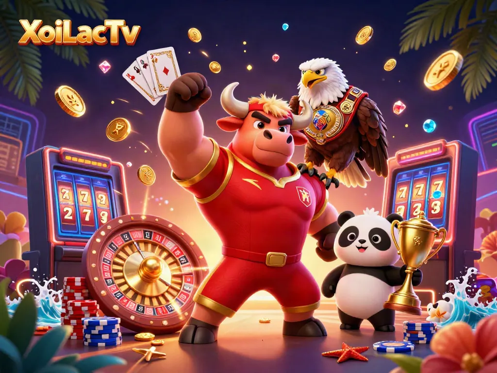 XoiLacTv's thrilling victory scene with a cartoon bull, eagle, and panda amidst sparkling casino elements.