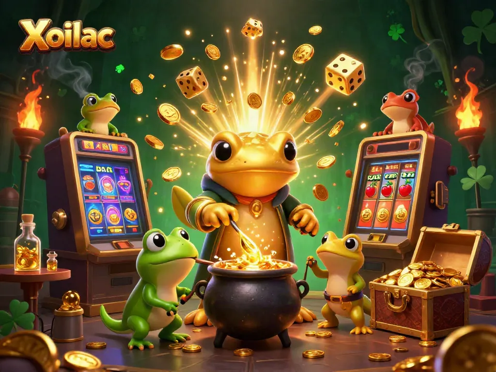 Xoilac showcases a giant golden salamander alchemist creating wealth with gold coins amidst an exciting casino scene.