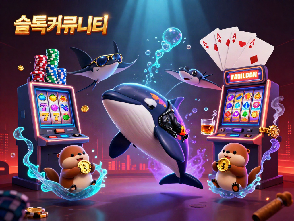 Engage in слот커뮤니티 with 3D characters gambling at a vibrant slot machine surrounded by rich casino elements.