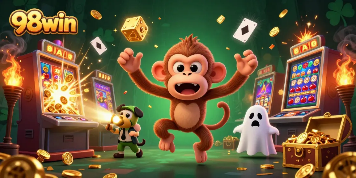 Experience the excitement of 98win with a dynamic casino scene featuring juggling golden objects and a curious ghost-hunter puppy.