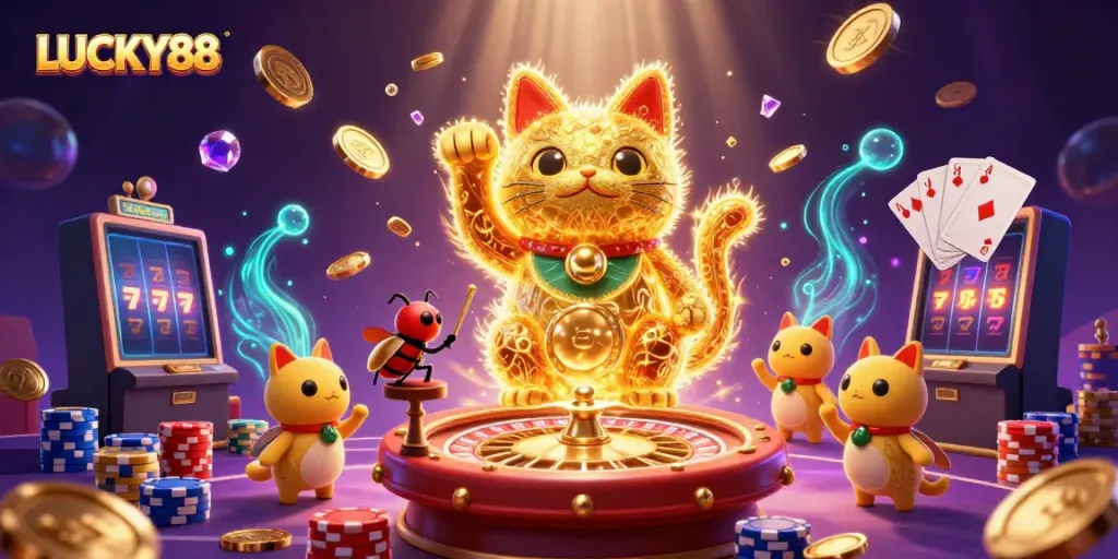 Engaging scene showcasing LUCKY88 with golden fireflies creating a lucky cat amidst casino symbols, coins, and cards.