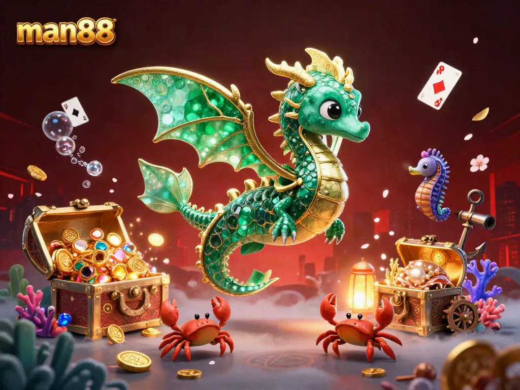 Experience an exhilarating underwater scene with man88 where the sea dragon guards treasures while floating playing cards create a vibrant atmosphere.