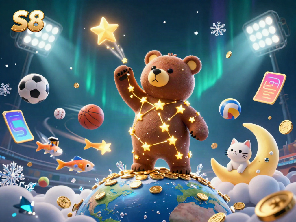 Engage in thrilling gameplay at S8, featuring a cosmic bear and vibrant sports elements.