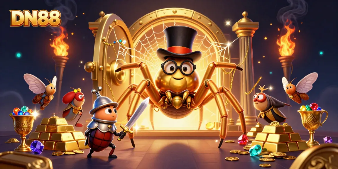 Play vibrant games at DN88, featuring a golden tarantula and knight in a bustling casino scene.