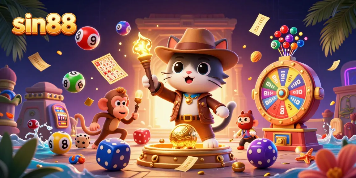 sin88 showcases an adventurous cat uncovering a golden casino artifact amid dynamic lottery elements.