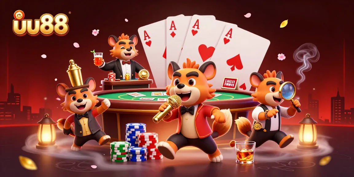 uu88 offers an engaging casino experience with lively hyena characters in this vibrant illustration.