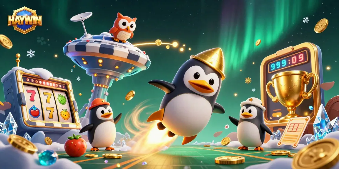 Experience HAYWIN by unveiling its vibrant casino adventure with a golden penguin amidst sparkling elements.