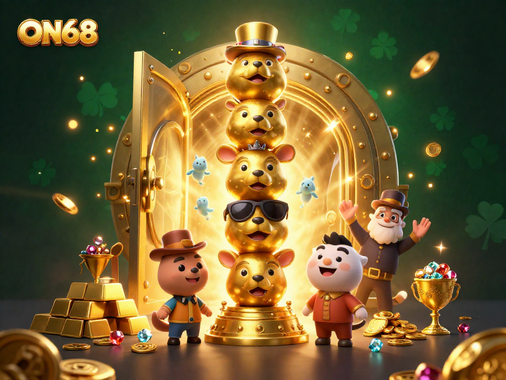 Experience thrilling wins with ON68's 3D golden totem and treasure in a vibrant casino scene.
