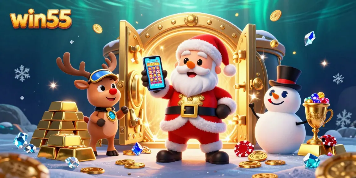 Join win55 in celebrating a vibrant casino scene filled with jackpots and festive characters.