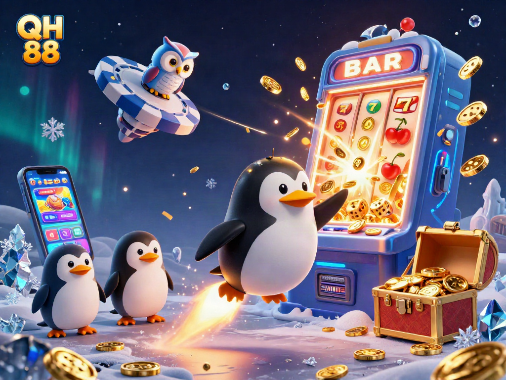 Experience thrilling gaming with QH 88 as a golden penguin blasts toward a casino space station.
