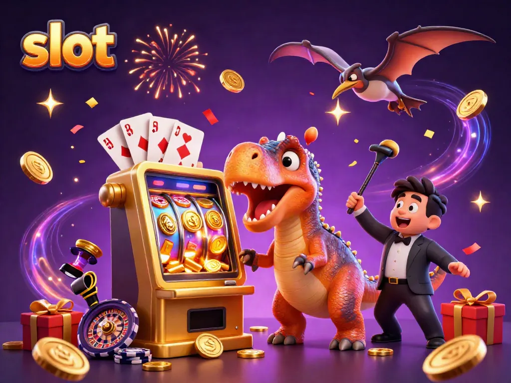 Exciting slot scene with a dinosaur triggering jackpots while coins fly, showcasing casino elements.