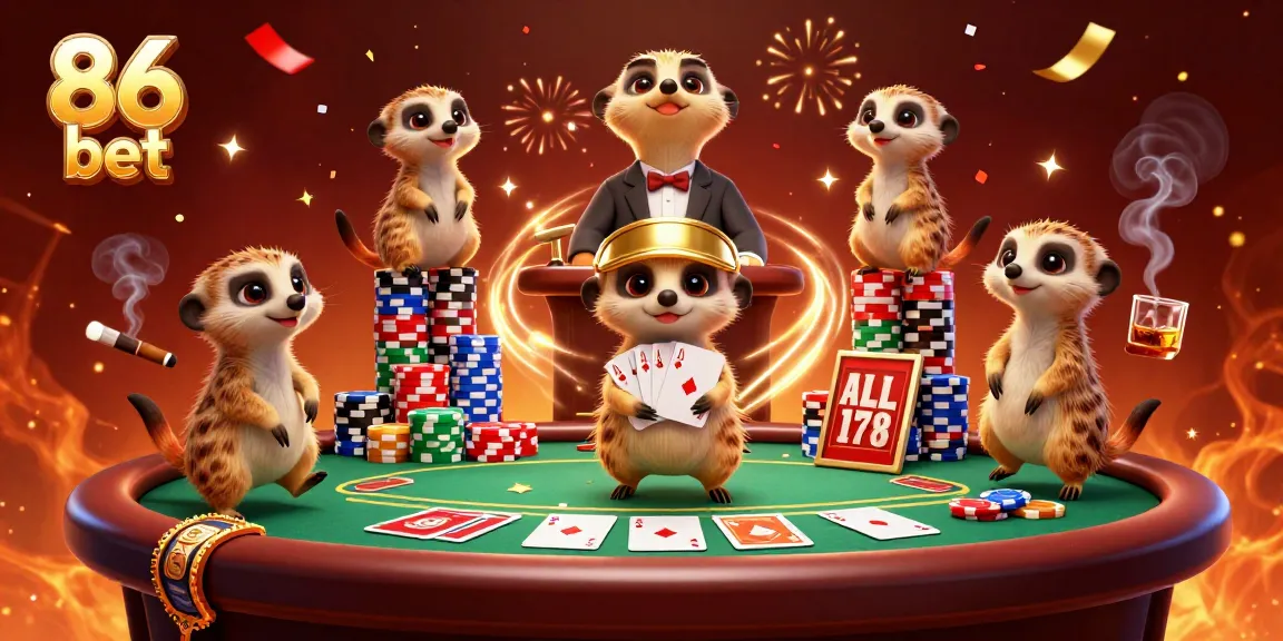 Join the excitement at 86 bet with meerkats managing a lively casino scene featuring poker tables and vibrant celebrations.