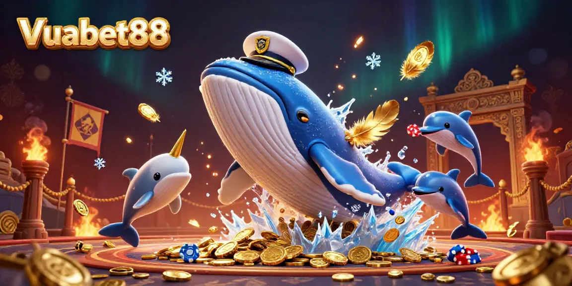Win big at Vuabet88 with vibrant 3D casino scene featuring whale, narwhal, and dolphins