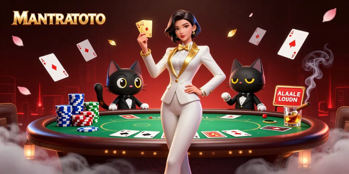 Mantratoto showcases a glamorous woman shuffling cards at a vibrant poker scene filled with chips.