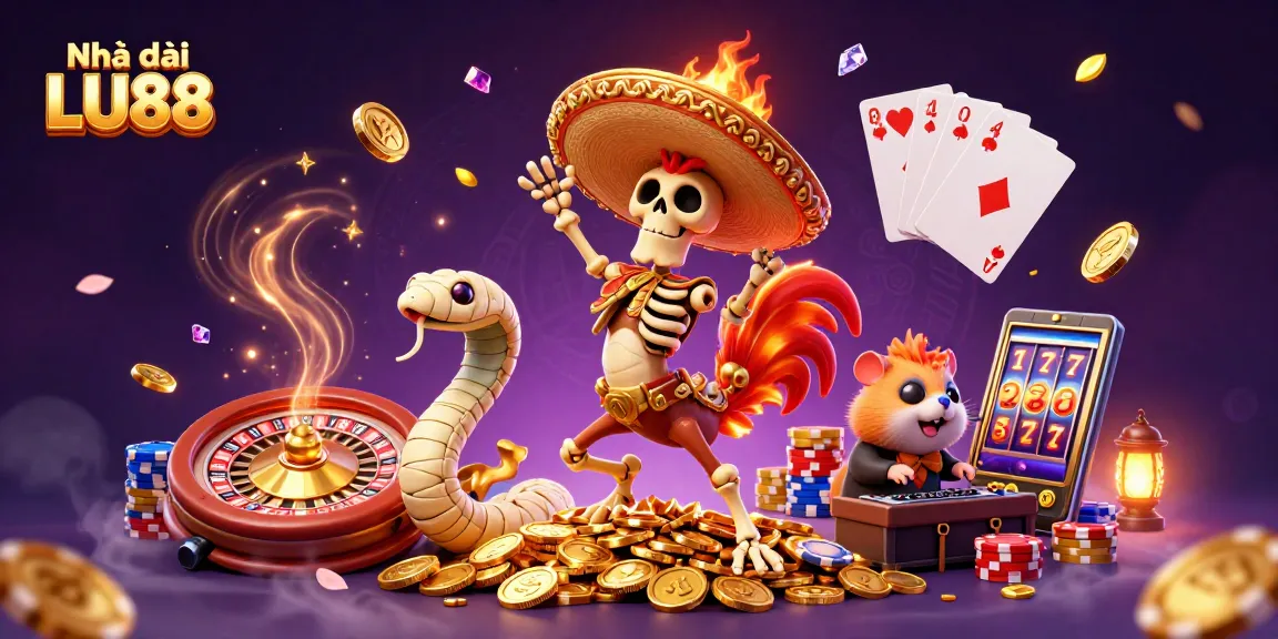 Experience the excitement at Nhà cái LU88 with a dynamic casino scene featuring winning characters and vibrant game elements.