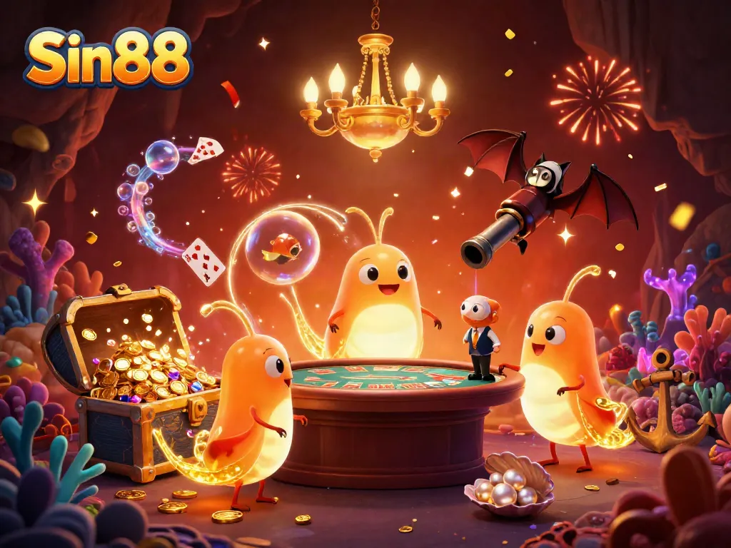 Experience the excitement of Sin88 with a vibrant cave casino illuminated by glowworms and a bat dealer.