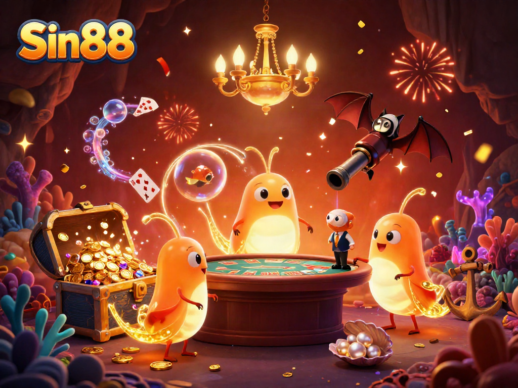 Experience the excitement of Sin88 with a vibrant cave casino illuminated by glowworms and a bat dealer.