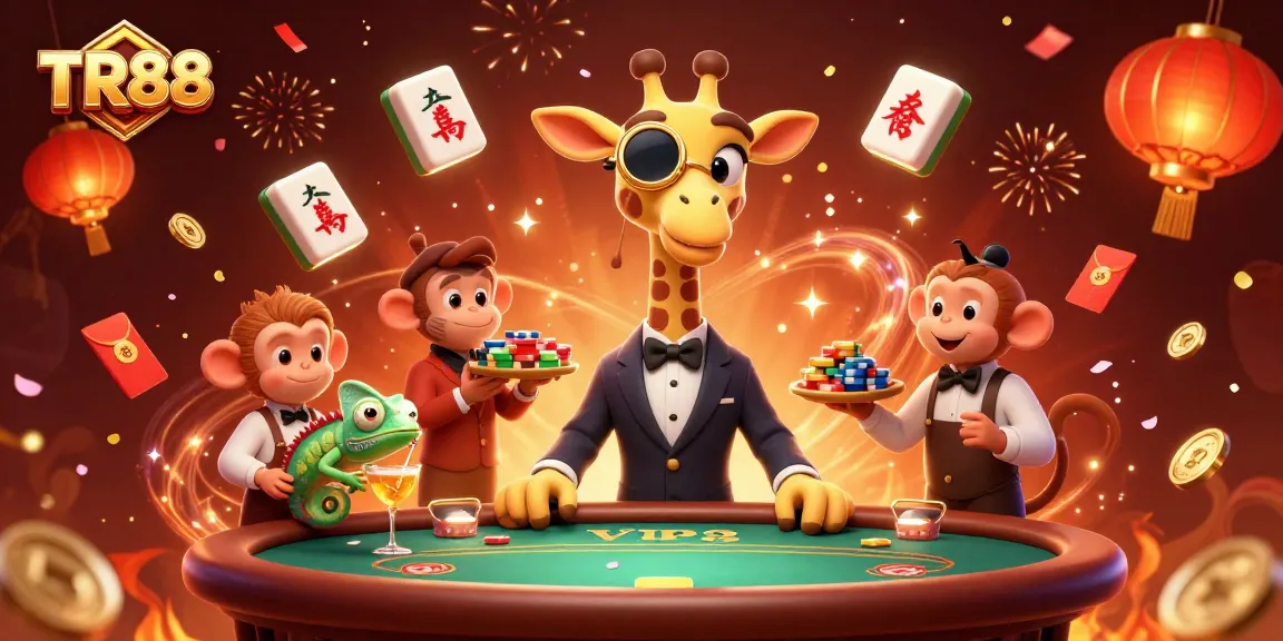Engage in winning strategies at TR88 with a high-roller giraffe at a VIP poker table surrounded by colorful casino elements.