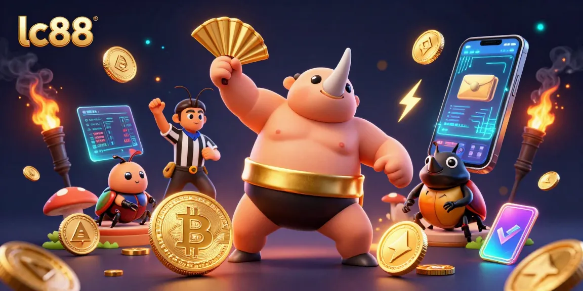 Experience thrilling gaming action at lc88 with a dynamic sumo champion and vibrant casino elements.
