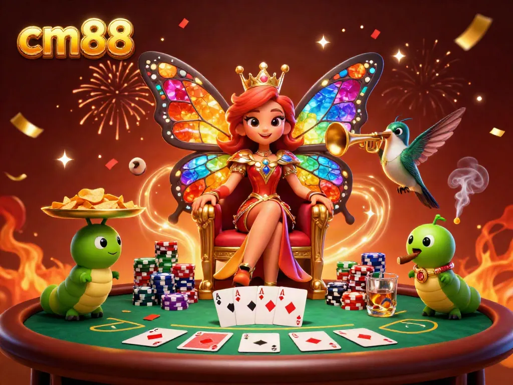 Experience vibrant gaming action with the cm88 butterfly queen surrounded by poker elements in a festive atmosphere.