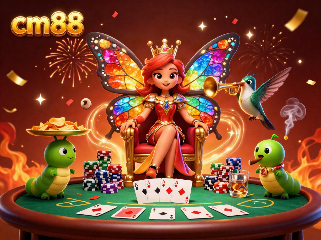 Experience vibrant gaming action with the cm88 butterfly queen surrounded by poker elements in a festive atmosphere.
