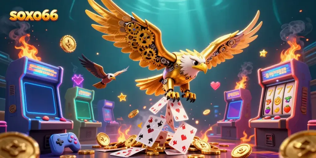 Soxo66 eagle dives through holographic cards in a vibrant casino arcade scene.